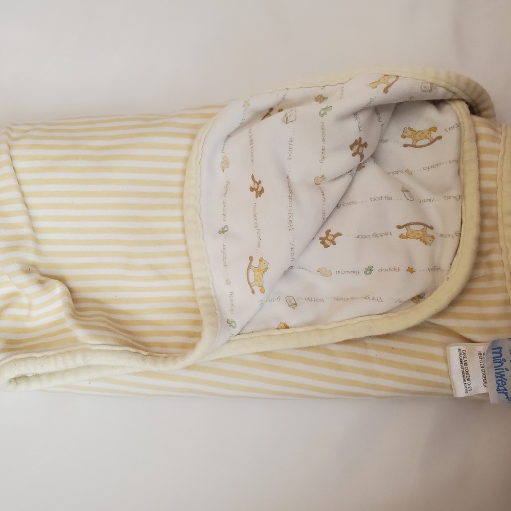 Miniwear Reversible Baby Blanket Yellow‎ White Stripe Rocking Horse Teddy Bear